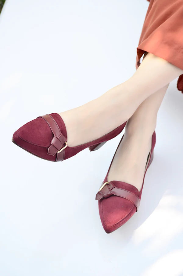 Maroon Elegant Suede Block Heel Loafers – Classic Charm with a Modern Lift