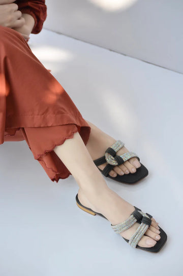 Black Embellished Flat Sandals