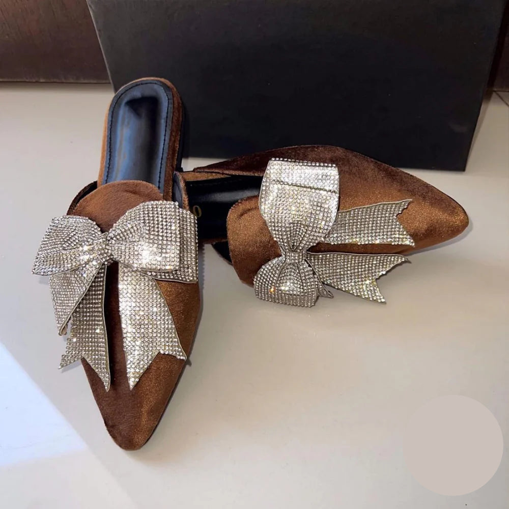 Luxury Velvet Crystal Bow Mules – A Touch of Glamour