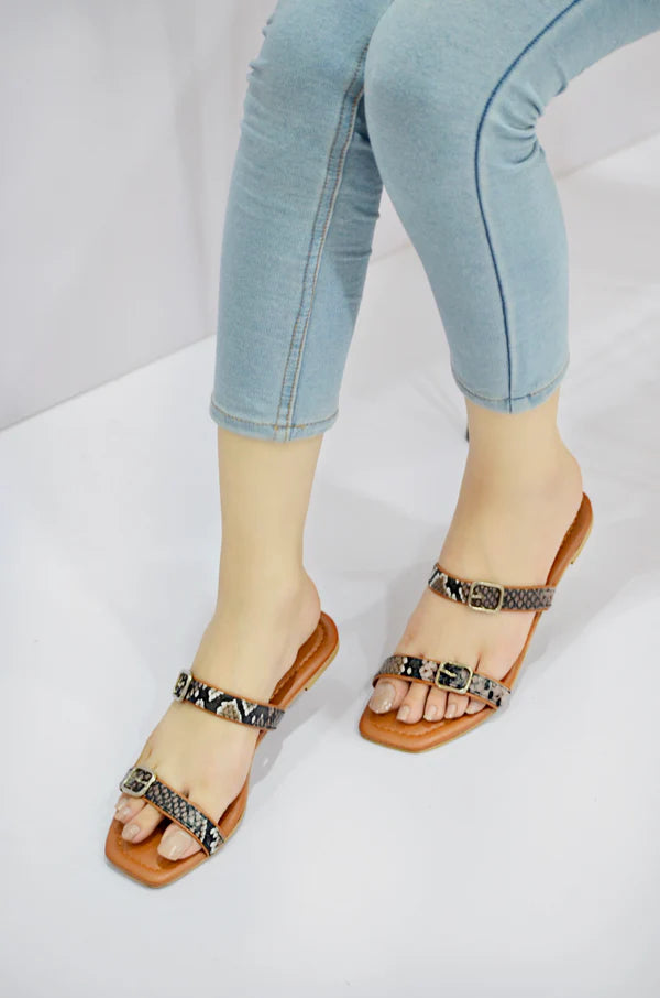Elegant Brown Snake-Print Buckle Slip-On Flats