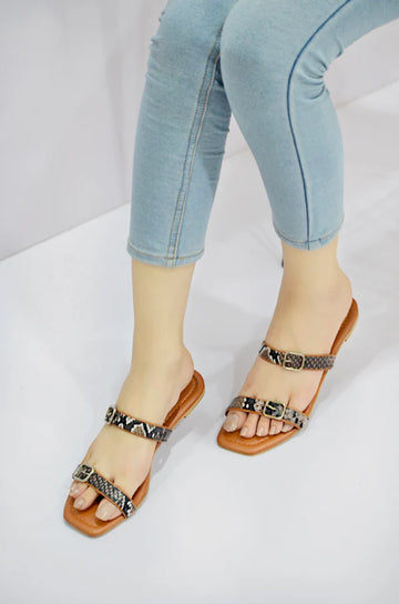 Elegant Brown Snake-Print Buckle Slip-On Flats
