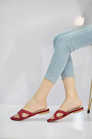 Maroon Elegant Cross-Strap Slip-On Flats