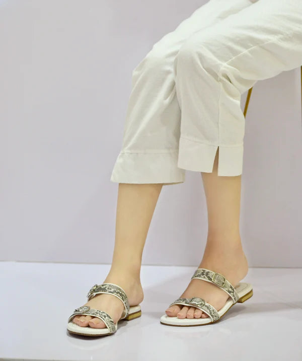 Elegant White Snake-Print Buckle Slip-On Flats